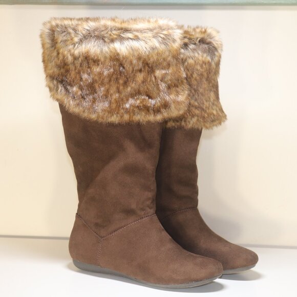 Charlotte Russe Brigitte Faux Suede With Fur Brown Mid Calf Knee Boots Size 6 - Picture 1 of 15